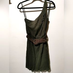 City Triangles Army Green Crepe One Shoulder Embroidered Mini Dress